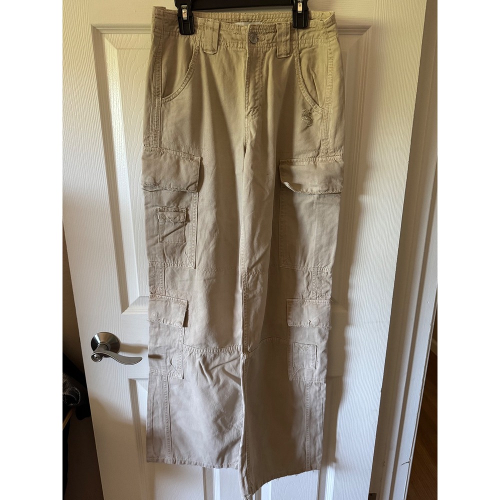 Zara Cargo Pants Women Size 0 Tan Khaki Distressed Utility Wide Leg Multi Pocket